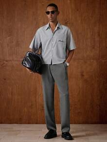 AKNOTIC Business Casual 男士条纹字母印花单排扣休闲百搭日常短袖衬衫 - 黑與白 - 查看 7