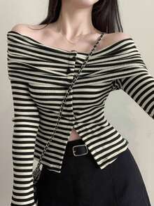DAZY Women Stripe Off-Shoulder Fitted Long Sleeve T-Shirt, Spring/Summer,Fall Clothes Cute Tops - Black and White - View 5