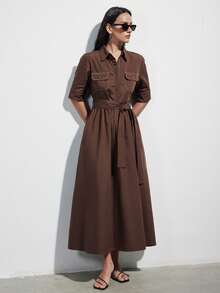Aveloria Modichic 深棕色工装风衬衫裙，短袖翻领，侧边口袋，腰部系带，A字中长款廓形，撞色明线缝制，适合春夏通勤和休闲外出穿着。 - 咖啡 - 查看 3