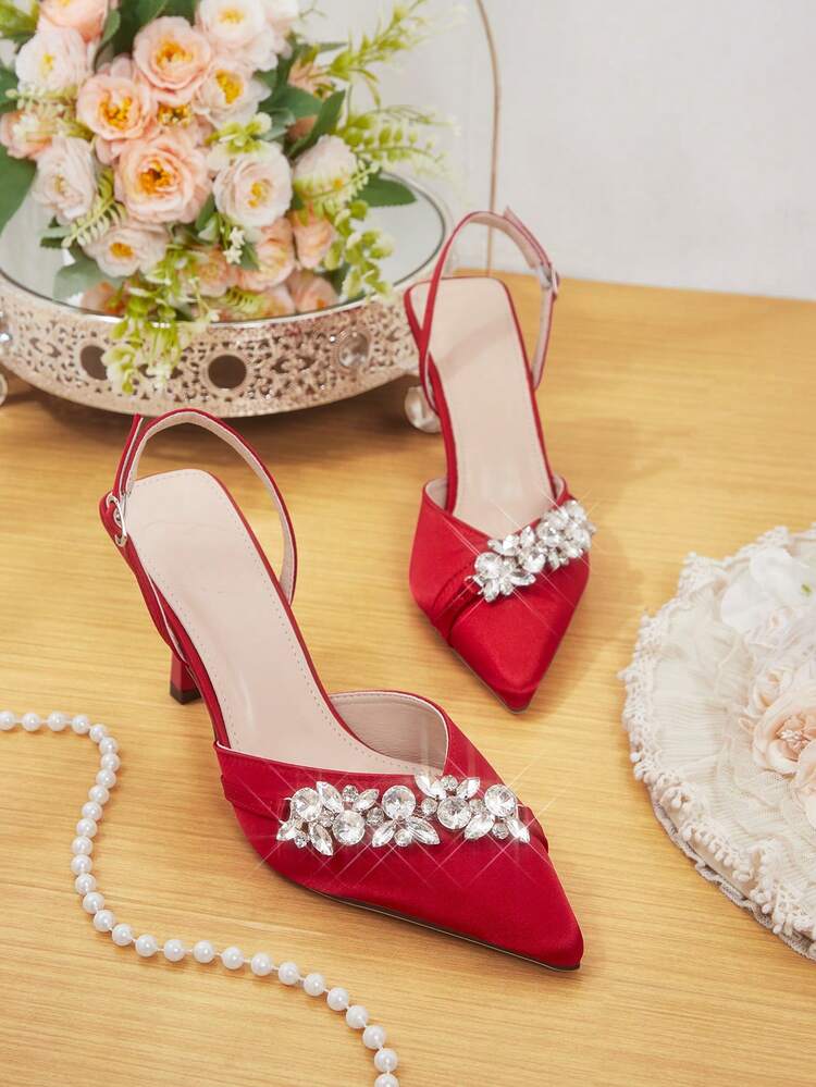 CUCCOO HITCHD Women's Pointed Toe High Heel Rhinestone Red Satin Comfortable Elegant Charming Lady High Heel Sandals, Suitable For Bride, Wedding, Party, Formal Occasions