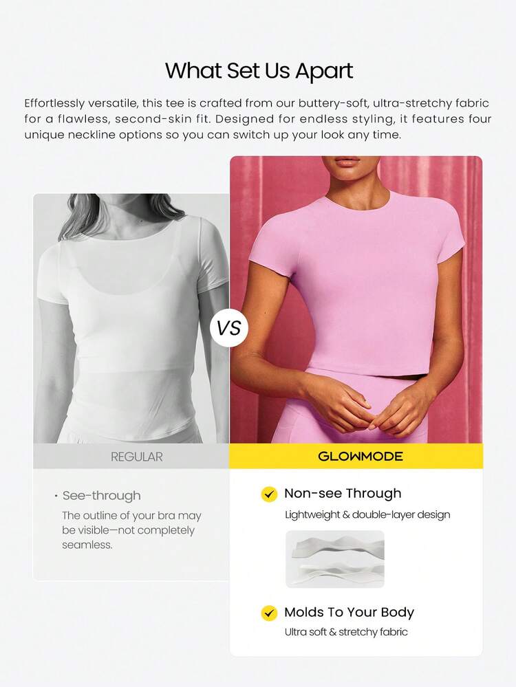 Camiseta corta de cuello redondo elástica y suave, ajustada, de manga corta, para actividades de bajo impacto como yoga, pilates y uso diario casual
