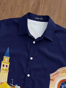 Manfinity Joysei Men's Casual House Print Short Sleeve Shirt, Summer - Navy Blue - View 4