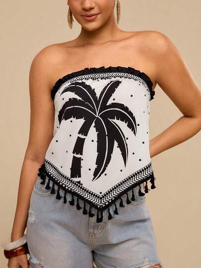 Travachic 加大码露脐上衣，黑色底白色花卉印花，女款