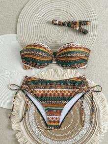 Swim Lushoire Conjunto de bikini de 2 piezas con parte superior con tirantes de espagueti y espalda descubierta con efecto push-up y Bottom triangular con cordón lateral, estampado aleatorio, para primavera/verano - Multicolor - Ver 3