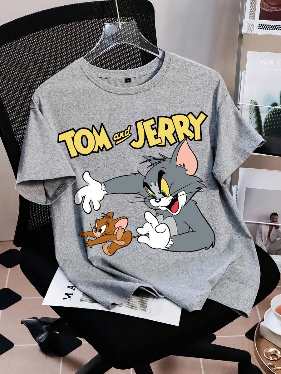 TOM & JERRY X SHEIN 女士休闲卡通字母印花T恤，夏季 - 灰色 - 查看 1