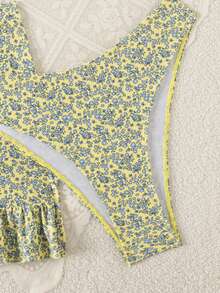 Swim Mod 女士夏季沙滩碎花荷叶边比基尼套装，含罩衫和裙子 - 黃色 - 查看 4