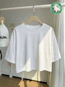 SHEIN EZwear Áo thun tay ngắn cổ tròn dáng suông, thích hợp cho mùa hè. - trắng - Xem 1