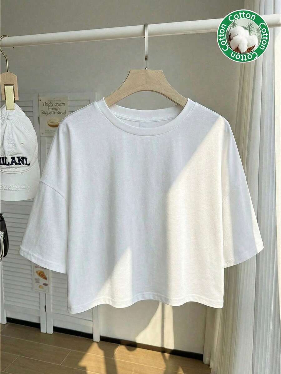 SHEIN EZwear Áo thun tay ngắn cổ tròn dáng suông, thích hợp cho mùa hè. - trắng - Xem 1
