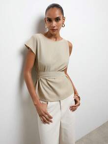 Maija Damen Sommer Mode Chic Beige Leinen Peplum Top,Asymmetrische Ärmel geraffte Taille Arbeitsblusen für Frauen,Atmungsaktiv Lässig Strand Urlaub - Khaki - Übersicht 5
