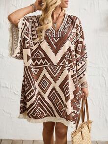 Breezaya 2026 New Spring/Summer Vacation Casual Bohemian Style Loose Batwing Sleeve Straight Silhouette Slightly A-Line Unwaisted V-Neck Fringe Hem And Cuff Design Dress, Available In Apricot, Khaki, And Digital Printed Vacation Dress For Women - Khaki - View 5