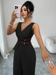 SHEIN Elenzya 女士优雅无袖腰带装饰西装外套和裤子套装，商务通勤风格，适合春夏、教师装、办公室穿着、返校、约会、度假、通勤等场合，百搭优雅复古春季套装 - 黑色 - 查看 5