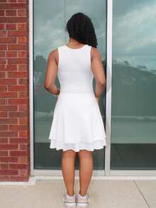 Steph T 女式夏季基本款休闲甜美方领无袖褶皱喇叭短裙 - D - 白色 - 查看 2