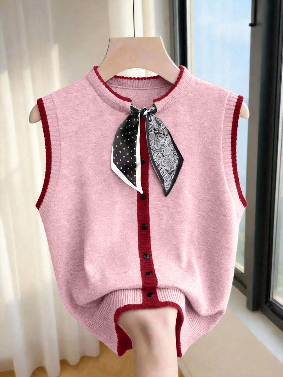 Franclia Áo polo không tay cổ tròn dáng ngắn tối giản mùa xuân/hè mới, cài nút mờ, dệt kim chặt chẽ, viền tương phản, phối họa tiết chấm bi và paisley, phù hợp cho công sở, phong cách Hàn Quốc dễ phối đồ, dáng ôm, thoải mái, đa năng, màu tối, tôn dáng, áo dệt kim cao cấp trung tính dành cho nữ. - Hồng - Xem 1