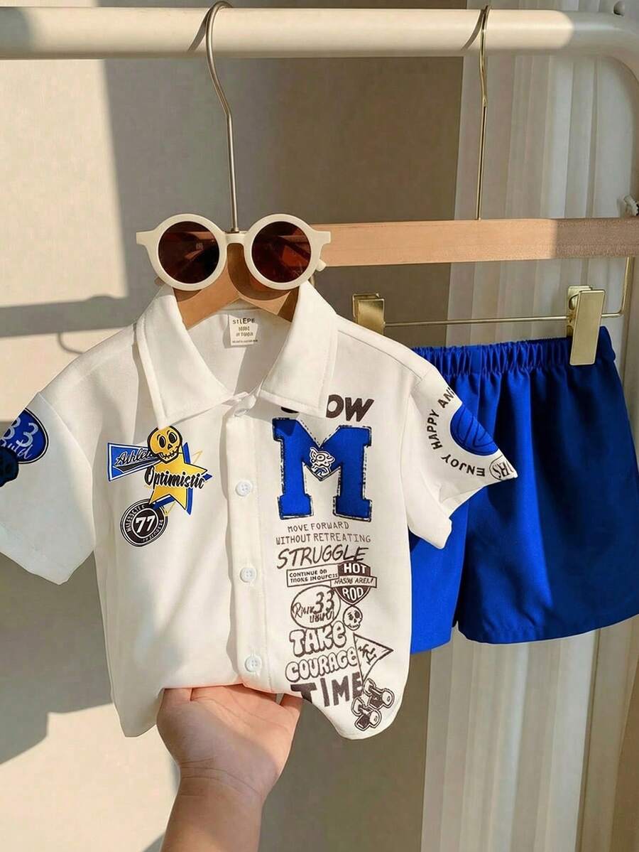 SHEIN 2件套男童休闲简约时尚经典学院风英文字母运动撞色短袖衬衫短裤套装 - 彩色 - 查看 1
