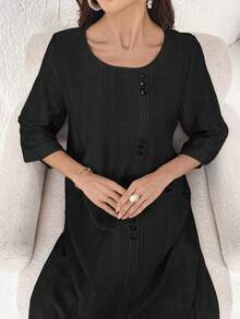Al Najma Vestido de mujer de unicolor con cuello redondo, manga 3/4 y diseño de botones en estilo árabe - Negro - Ver 7