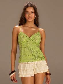 Athîral Women's Floral Sequin Fashion Camisole - Green - View 3