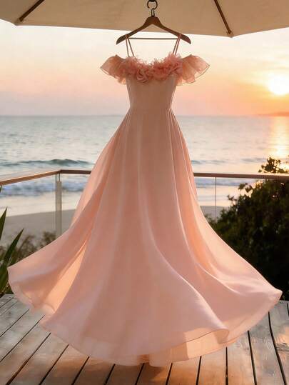 Franclia Elegant Women's Vacation Bridesmaid Party Dress, Off-The-Shoulder Straps, Adjustable 3D Floral Decoration, Solid Pink Long Fitted Waist, Slim Skirt Dress, Summer Outfit: Women's Elegant Dresses, Women's Summer Dresses, Women's Banquet Dresses, Women's Party Dresses, Beach Dresses, Women's Wedding Guest Dresses, Bridesmaid Dresses, Luxury Wedding Evening Gowns, Luxury Wedding Evening Gown Dresses, Guest Party Dresses, Pink Dresses, Summer Dresses, Solid Color Dresses, Summer Holiday Outfits, Summer Holiday Outfits, Women's Luxury Evening Gowns, Women's Formal Dresses, Women's Bridesmaid Dressessummer,Spring,Easter,Festival,Party,Beach,Wedding,Graduation,Going Out,Prom,Birthday,Elegant,Vacation,Casual, Luxury,Sports,Formal,Graduation Season Attire, Fashionable Casual Commuter Wear, Business Office Wear, Versatile And Stylish Everyday Casual Wear, Urban Teacher's Professional Attire