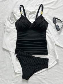 Swim Lushoire 2pcs/Set Mature Fabric Criss-Cross Pleated One-Piece Swimwear Top And High-Waisted Bikini Bottom - Black - View 7