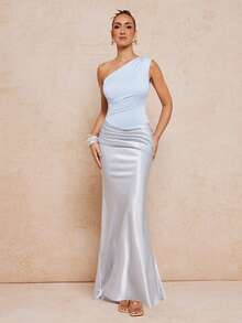 Lumalex 女士优雅奢华性感无袖褶皱收腰修身连衣裙，不对称领口，浅蓝色，春夏款 - 藍色 - 查看 4