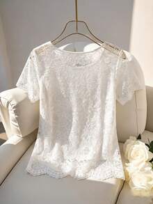 GlowEve Áo sơ mi nữ cổ tròn tay ngắn viền ren - trắng - Xem 2