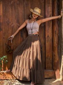 DAZY Chân váy xếp ly dáng rộng màu trơn dành cho nữ, kiểu dáng thanh lịch cho kỳ nghỉ hè. - màu nâu - Xem 5