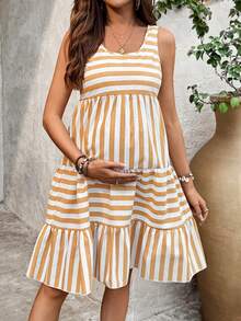 SHEIN Maternity Round Neck Striped Ruched Casual Versatile Daily Wear Dress, Suitable For Summer - Multicolor - View 4