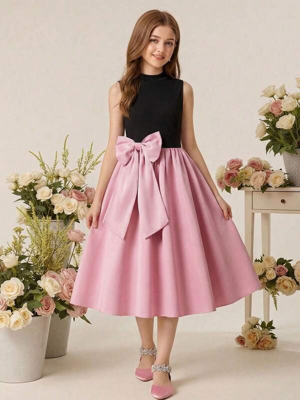 1pc Girls' Elegant Black & Pink Splice Sleeveless High Neck Mini Dress, Suitable For Birthday Party, Stage Performance, Gathering