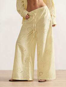 Bohemela 女士夏季休闲波西米亚度假海滩法式乡村音乐节海洋元素趣味刺绣图案宽大黄色低腰宽松裤，防晒遮盖裤，女士夏季服装，女士外出裤，度假服装，女士海滩服装，沙滩裤 - 黃色 - 查看 7
