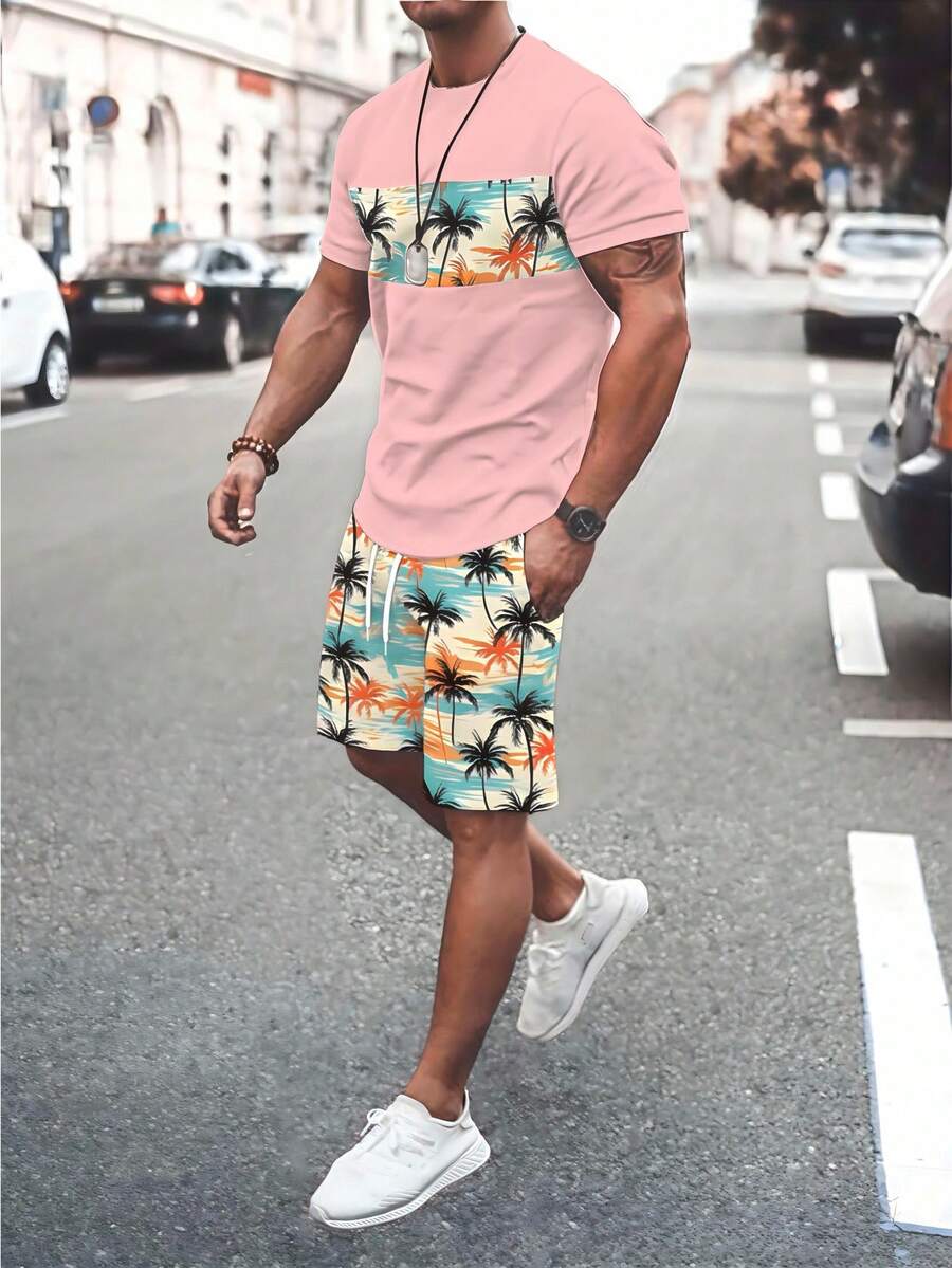 Genlund 男士热带椰树沙滩印花圆领短袖T恤，男士美式沙滩风圆领T恤 - 彩色 - 查看 1