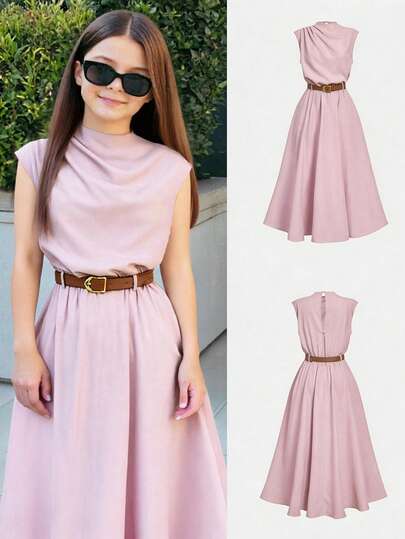 Firerie Kids NovaGlow Tween Girl Tween Girls Casual Chic Pendlare Stand Collar Utsvängd Midja Khaki A-linjeklänning