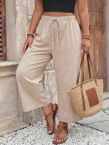 SHEIN Frenchy 大码女式卡其色七分裤，百搭日常通勤休闲七分裤 - 卡其色 - 查看 1