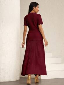 Modelyn Women's Elegant Pink Textured Short Sleeve Jacket And Pleated Skirt 2 Pieces Set - Burgundy - View 2