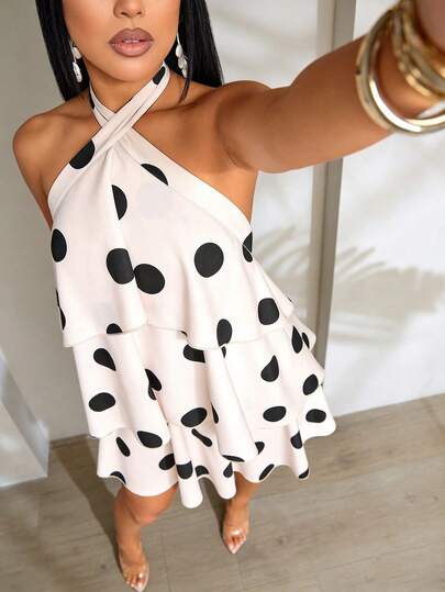 SOLERSUN Elegant Polka Dot Halter Neck Layered Ruffle Dress For Women, Valentine's Day Dress, Elegant Resort Dress (Random Floral)