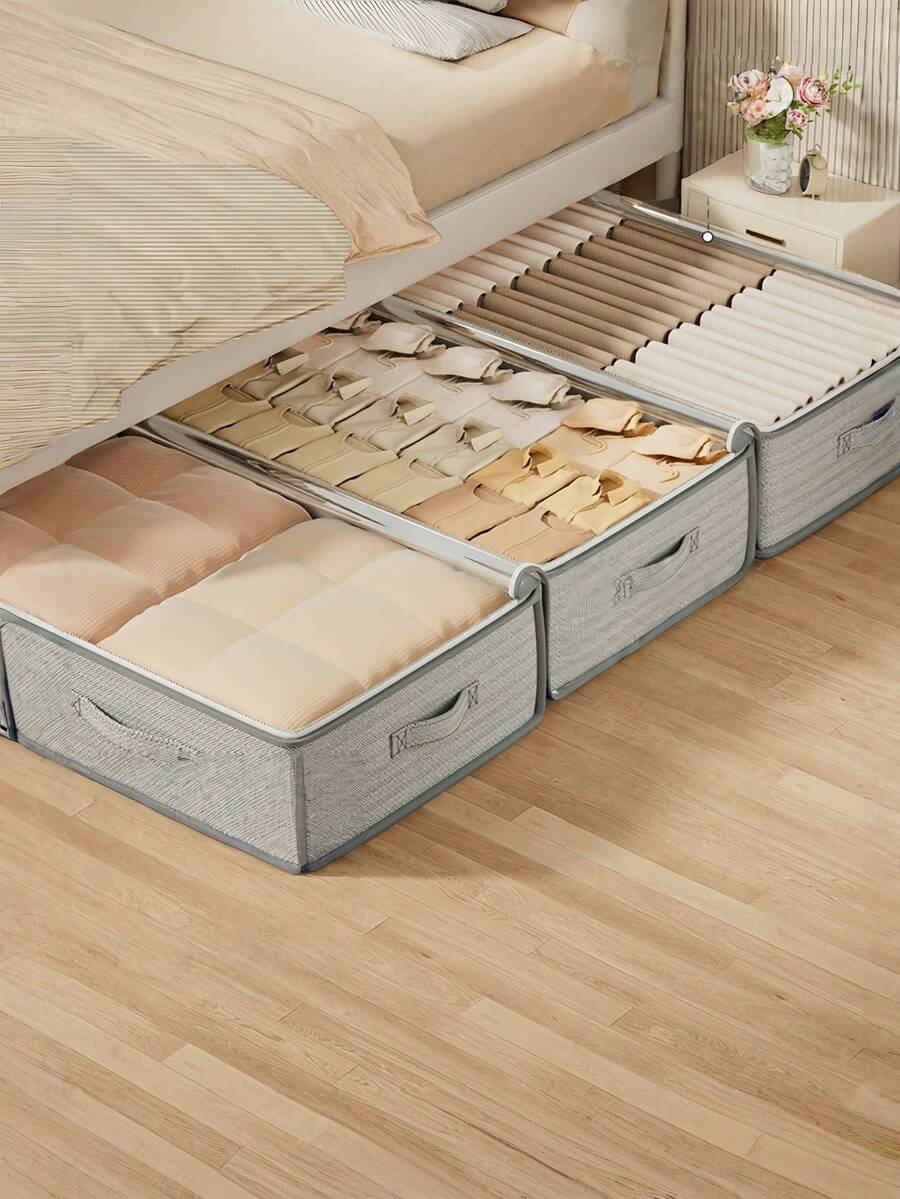Tas Penyimpanan Selimut Samping Tempat Tidur, untuk Penggunaan di Rumah, Kapasitas Besar, Muat Selimut dan Pakaian di Bawah Tempat Tidur. Anti Lembap, Alat Pengorganisasian, Tas Penyimpanan untuk Lemari Berbahan Lembut. - Light Grey - View 1