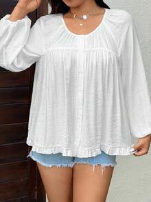 Sunnyshic Plus Size Women's Solid Color Round Neck Pleated Single-Breasted Casual Versatile Daily Wear Shirt - White - View 4