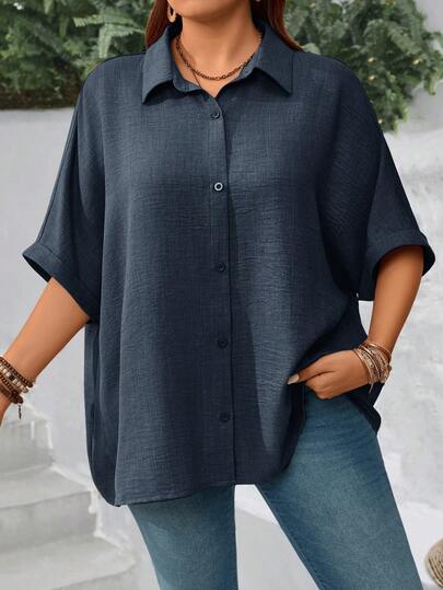 EMERY ROSE プラスサイズ レディース 無地 バットウィング スリーブ ルーズ シングルブレスト カジュアルシャツ、バケーションアウトフィット、夏服