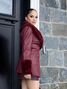 Melissa Matos Women's Wine Red Waist Elegant Fashion Long Sleeve PU Leather Jacket With Fur Collar And Spliced ​​Fur Sleeves, Autumn And Winter Women's Fall Winery Wear Women's Faux Leather Dress Women's Suit Jacket Women's Leather Dress Coat - Burgundy - View 6