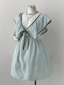 Sunspun 大码女装夏季浅绿色条纹V领荷叶边蝴蝶结连衣裙，复古法式泡泡袖系腰短裙 - 薄荷綠 - 查看 7