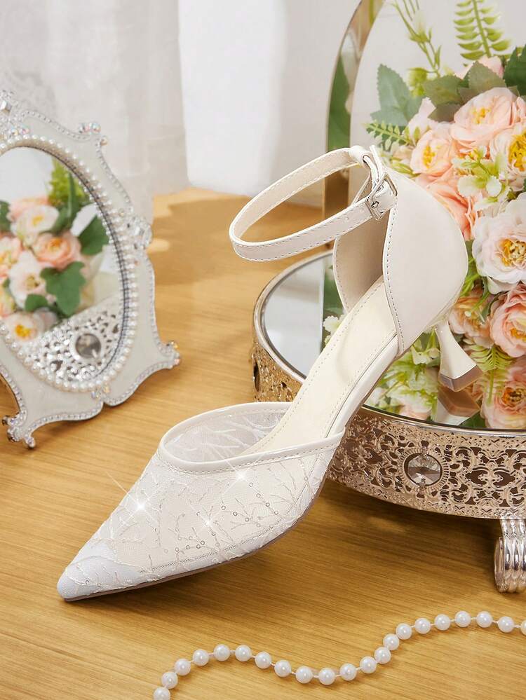CUCCOO HITCHD Women Shoes Lace Material Hollow Design Buckle Back Mixed With Pointed Apricot Mule High-Heeled Shoes, Suitable For Parties And Daily Wear Shooting Wedding Shoes Summer Shoes Bride Shoes