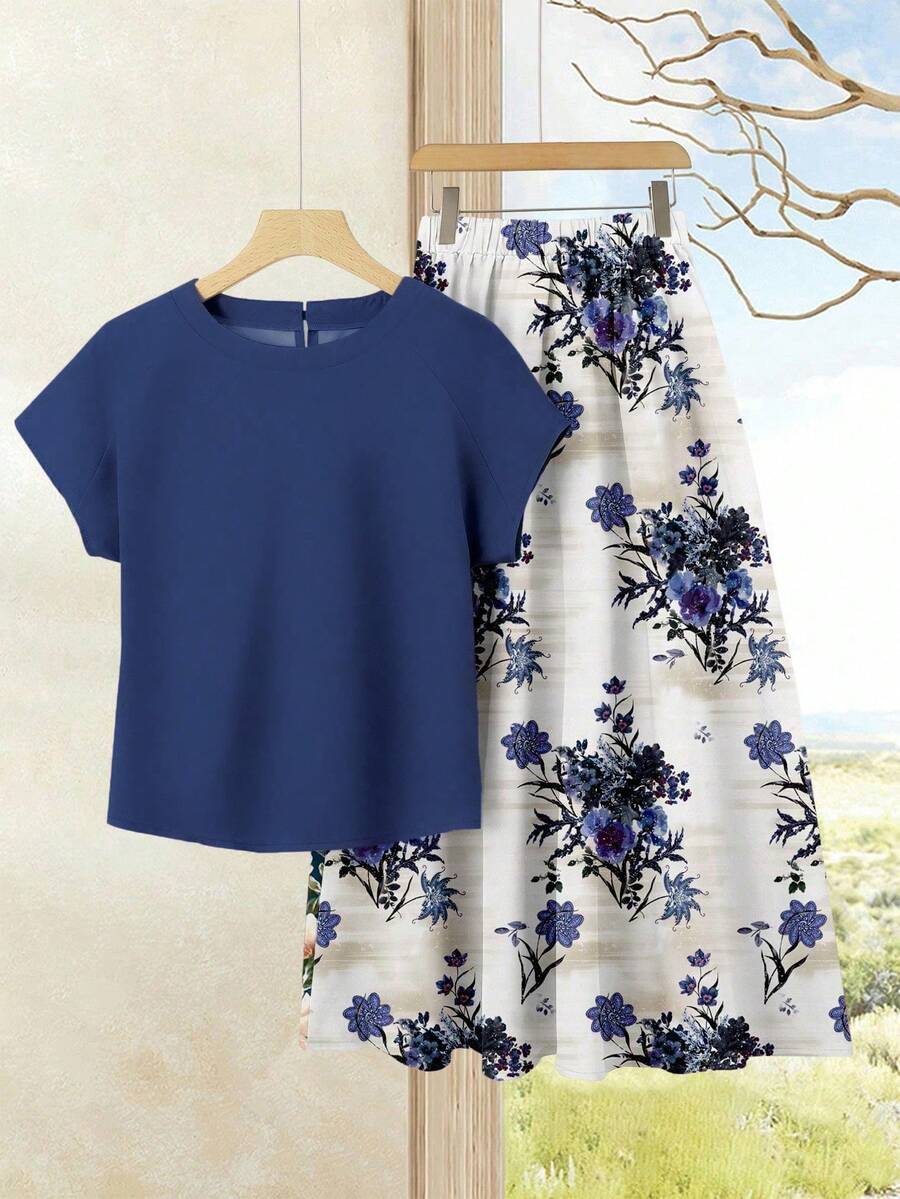 Rusticease 女士度假休闲纯色上衣+印花半裙套装（2件套），女士夏季服装，夏季半裙套装，半裙上衣套装，女士半裙上衣套装，印花半裙套装 - 藍色 - 查看 1