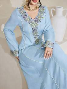 Al Najma Embroidered Lace Patchwork Elegant Modest Long Sleeve Dress - Blue - View 3