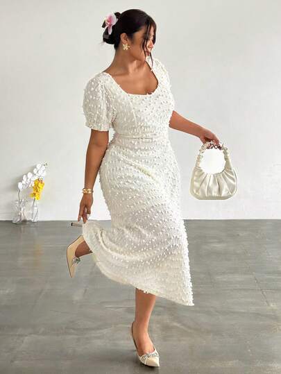 Firerie Plus Size Women's Solid Color Short Petal Sleeve Casual Tie Back Dress