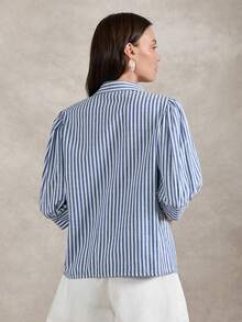 Briarwyn 女士条纹翻领单排扣休闲百搭日常衬衫 - 藍色 - 查看 7