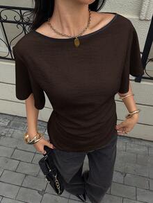 Siren Gaze 女士圆领荷叶边休闲百搭日常衬衫 - 棕色 - 查看 3