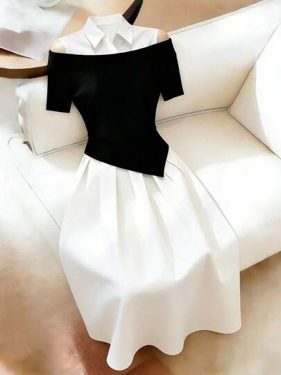 Franclia 女士白色露肩连衣裙，黑色拼接下摆，不对称二合一设计，优雅女士连衣裙，女士黑白连衣裙，女士白色连衣裙，白色女士衬衫裙，女士休闲连衣裙，黑白撞色连衣裙，针织罗纹连衣裙，女士露肩连衣裙，短袖连衣裙，正式连衣裙，翻领连衣裙，夏季度假装，外出装，女士户外连衣裙，夏季连衣裙，女士夏季装，度假连衣裙，度假装。