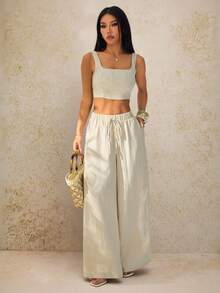 SHEIN PETITE New Spring/Summer Vacation Casual Fishbone Strap Top And Wide Leg Pants With Pockets 2 Pieces Textured Fabric Set - B - Apricot - View 6