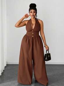 Maweii 大码金属扣通勤吊带腰部喇叭复古连体裤 - 棕色 - 查看 3