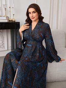 Modelyn Große Größen Elegantes Blumenprint-Kleid mit Taillengürtel für Damen - Blau - Übersicht 6