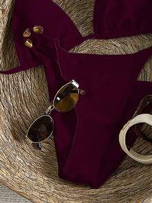 Swim Vcay 女士串珠装饰露背系带性感比基尼套装，闪亮面料，适合海滩度假 - 酒紅色 - 查看 4