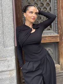 Marta Soriano 女士柔软不对称垂坠镂空金属扣装饰长袖 T 恤 - 黑色 - 查看 4